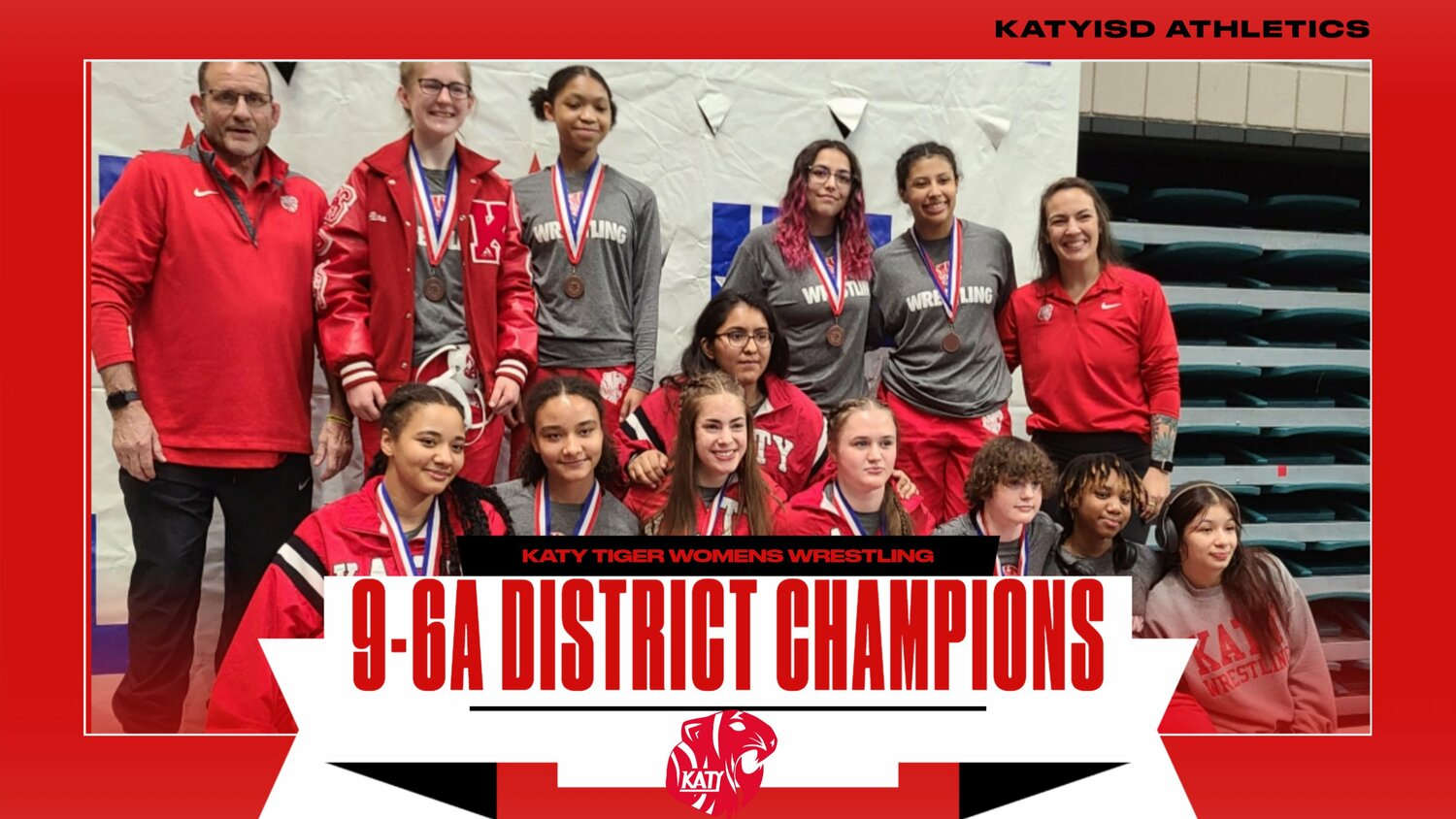 The Katy girls took home the team gold at the District 9-6A meet at the Merrell Center.